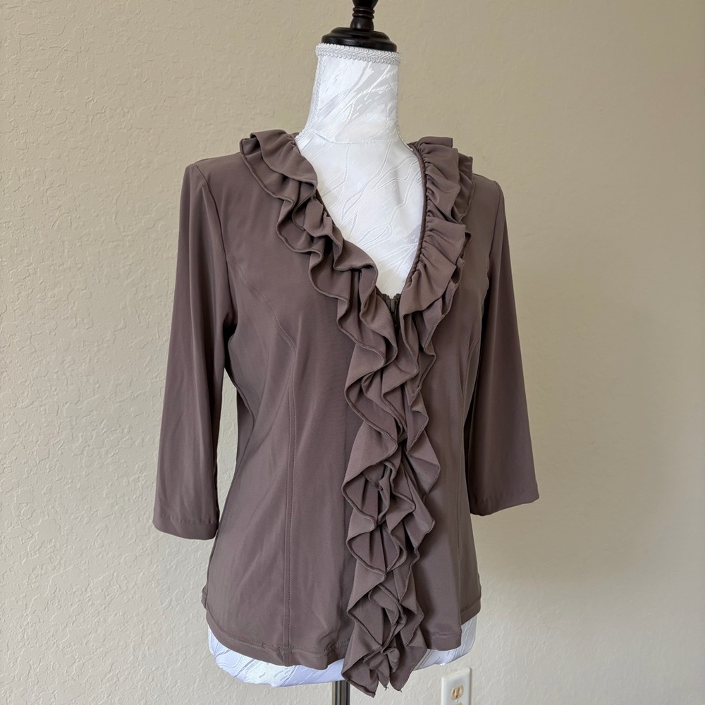 Clara‎ Sun Woo Brown Boho Ruffle Front Zip Blouse Long Sleeve Medium